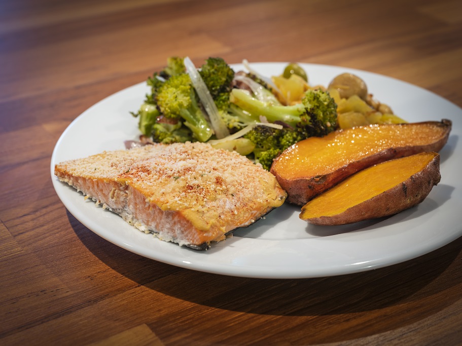 sheet pan parmesan crusted salmon with broccoli