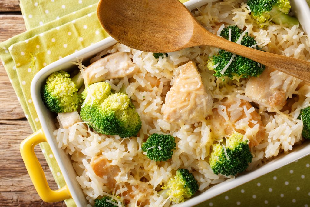 cheesy broccoli, chicken and rice