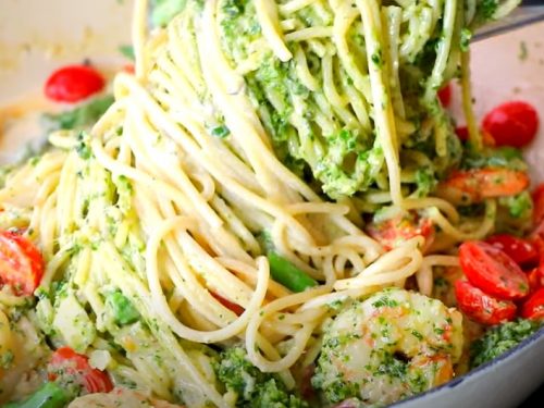 shrimp pesto pasta with asparagus recipe