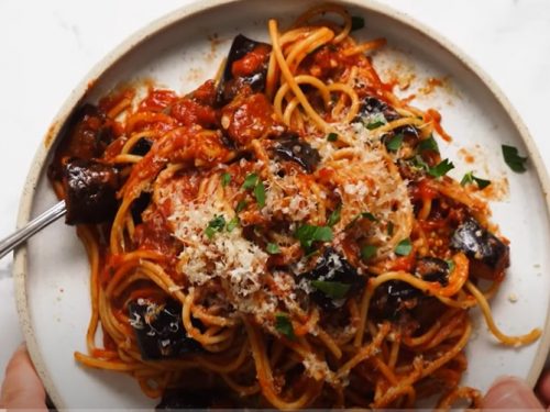 spaghettini with pesto tomatoes and eggplant recipe