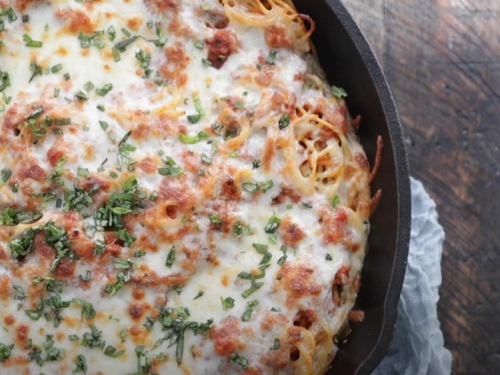 make-ahead skillet baked spaghetti recipe