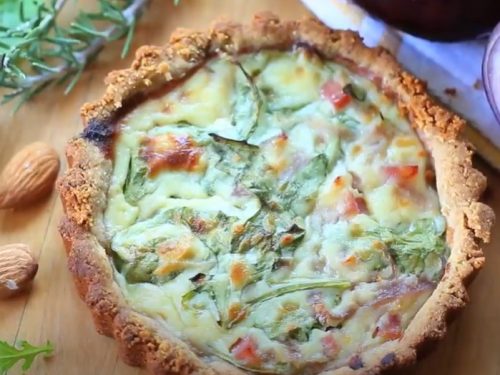 arugula and cremini quiche with gluten-free almond meal crust recipe