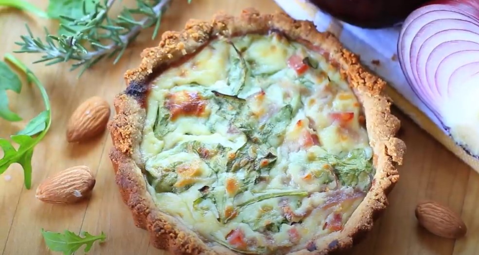 arugula and cremini quiche with gluten-free almond meal crust recipe