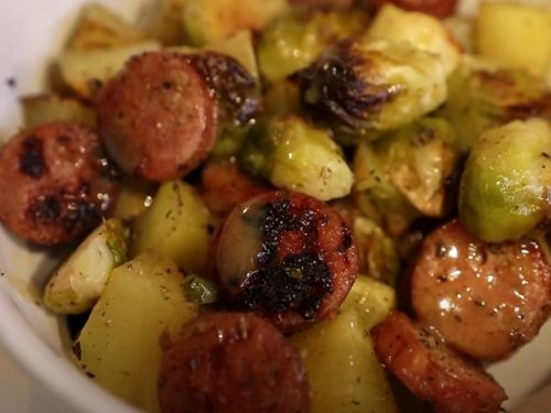 spicy sausage & brussel sprouts in foil packets recipe