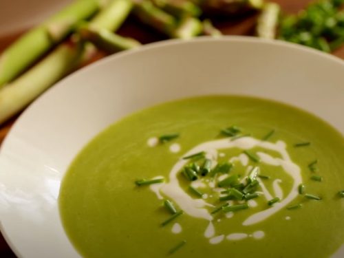 green pea & asparagus soup with feta, mint & pita croutons recipe