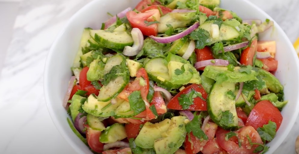 tomato avocado cucumber chickpea salad with feta and greek lemon dressing recipe