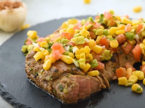 Grilled Garlic Herb Flank Steak with Avocado Corn Salsa Recipe