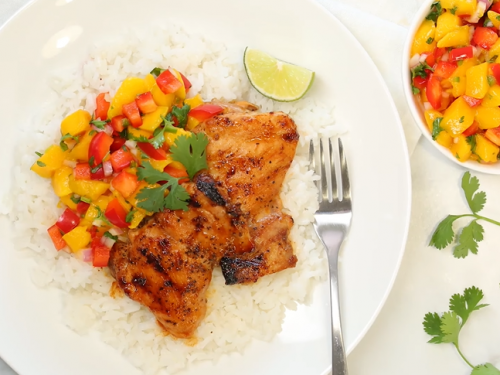 jerk chicken with mango avocado salsa and coconut rice recipe