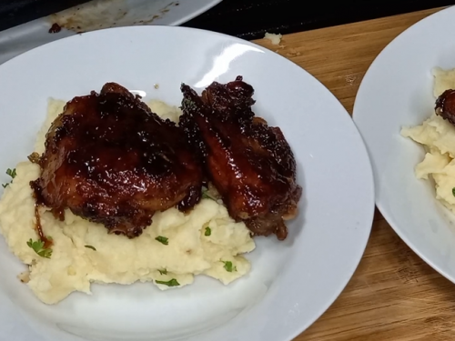 whiskey-glazed chicken and shrimp with garlic mashed potatoes recipe