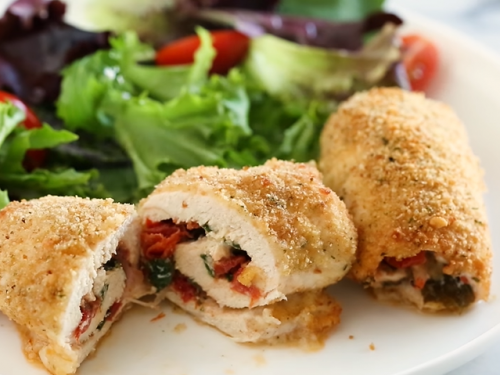 chicken rollatini with sun dried tomato bruschetta, mozzarella and spinach recipe