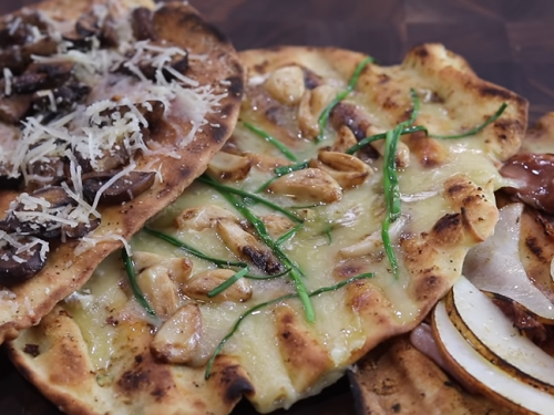 melted taleggio flat breads with three toppings recipe