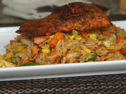 seared salmon with prawn fried rice recipe