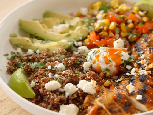 zucchini corn and quinoa bowls with grilled chicken and lemon recipe